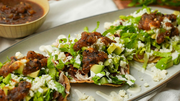Chicken tostadas with molcajete salsa