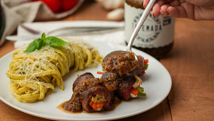 Molcajete Flank Steak Rolls with Creamy Poblano Fettuccini