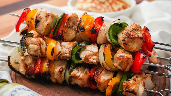 Chicken Kabobs with Jalapeno hummus and labneh